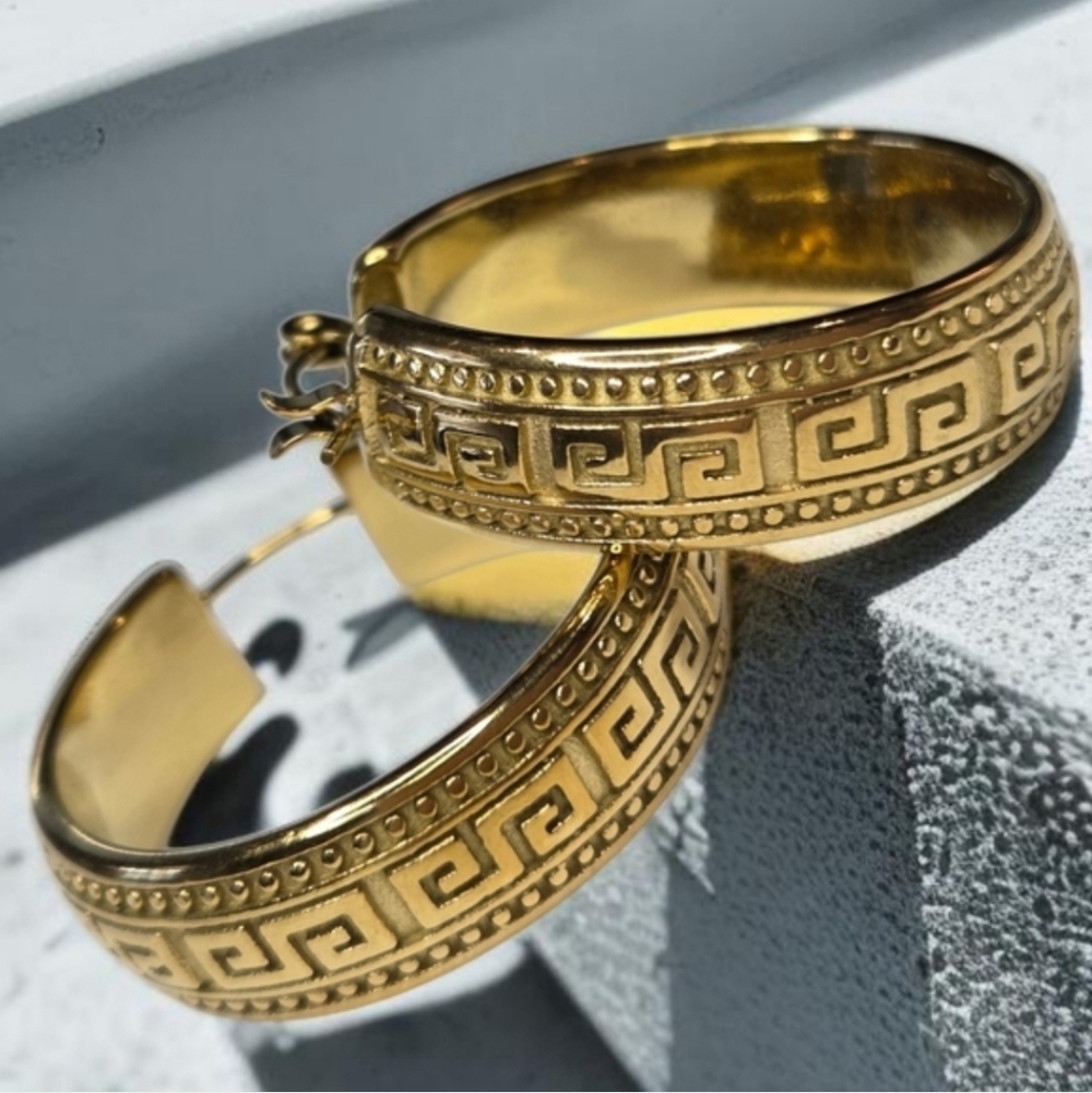 New 18k Gold Plated Luxury Chunky Greek Key 1" Hoop Earrings